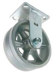 Caster; Rigid; 6" x 3"; V-Groove (1-3/8) Cast Iron; Plate (4-1/2"x6-1/4"; holes: 2-7/16"x4-15/16" slotted to 3-3/8"x5-1/4"; 1/2" bolt); Zinc; Roller Brng; 2400# (Item #66465)
