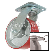 (image for) Caster; Swivel; 8 x 3; PolyU on Cast Iron; Plate; 5-1/4x7-1/4; holes: 3-3/8x5-1/4 (slotted to 4-1/8x6-1/8); 1/2 bolt; Roller Brng; 2500#; Position Lock (Item #65764)