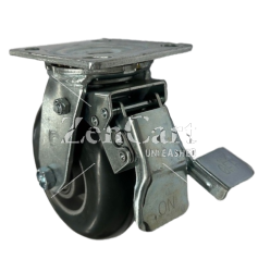 (image for) Caster; Swivel; 6" x 2"; Donut Rubber on Alum; Plate; 4"x4-1/2"; holes: 2-5/8"x3-5/8" (slots to 3"x3"); 3/8" bolt; Roller Brng; 400#; Leading Total Lock Brake (Item #63880)