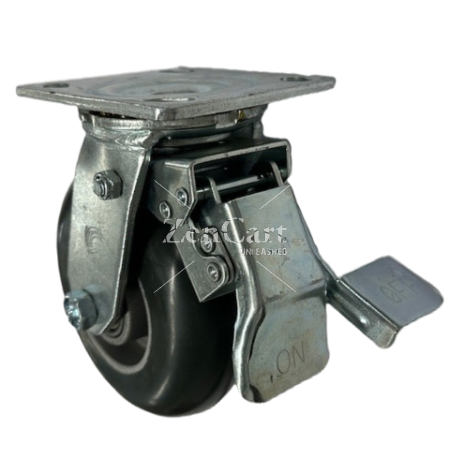 (image for) Caster; Swivel; 6" x 2"; Donut Rubber on Alum; Plate; 4"x4-1/2"; holes: 2-5/8"x3-5/8" (slots to 3"x3"); 3/8" bolt; Roller Brng; 400#; Leading Total Lock Brake (Item #63880)