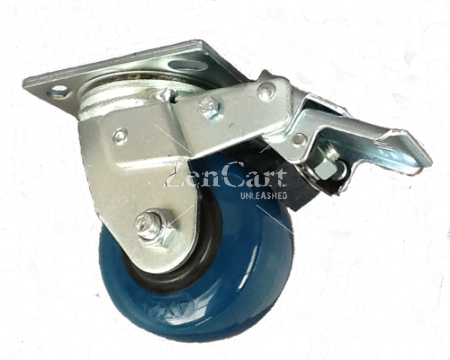 (image for) Caster; Swivel; 8" x 2"; PolyU on PolyO; Plate (4"x4-1/2"; holes: 2-5/8"x3-5/8" slots to 3"x3"; 3/8" bolt); Zinc; Roller Brng; 800#; Trailing Total lock (Item #64206)