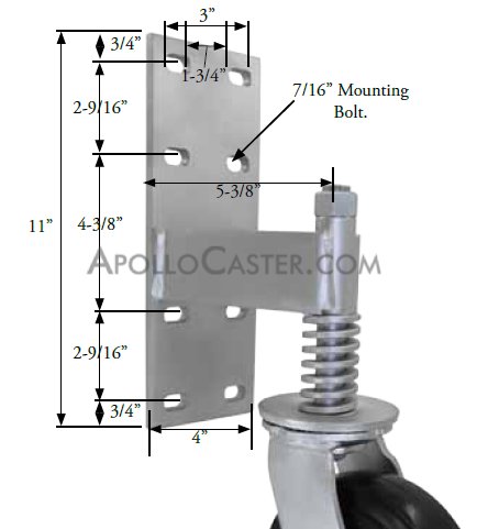 Caster; Swivel; 8\" x 2\"; Thermoplastized Rubber (Gray); Gate Bracket (11\"x4\"; 8 holes 1-3/4\" (slotted to 3\") x 9-1/2\"; 7/16\" bolt); Zinc; Roller Brng; 600# (Item #63986)