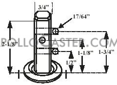 (image for) Caster; Swivel; 5" x 1-1/4"; 95A PolyU on PolyO; Square Stem (3/4" x 2-1/8"; three 17/64" mounting holes at 1/2"; 1-1/8" and 1-3/4"); Zinc; Ball Brg (Item #63623)