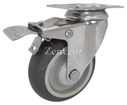 (image for) Caster; Swivel; 3-1/2" x 1-1/4"; PolyU on PolyO (Gray); Plate (2-1/2"x3-5/8"); Stainless Steel rig; Delrin Spanner; 300#; Total (Item #64082)