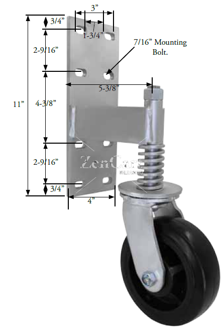 (image for) Spring Loaded Gate Swivel Caster; 6" x 2"; Phenolic; Bracket (11"x4"; 8 holes 1-3/4" (slotted to 3") x 9-1/2"; 7/16" bolt); Zinc; Delrin Bushing; 700# (Item #63270)