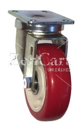 (image for) Caster; Swivel; 4" x 1-1/4"; PolyU on PolyO (Red); Plate (2-1/2"x3-5/8"; holes: 1-3/4"x2-7/8" slots to 3"; 5/16" bolt); Stainless Yoke/ Axle; Prec BB; 300# (Item #63231)
