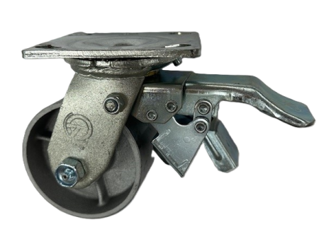 (image for) Caster; Swivel; 8" x 2"; Cast Iron; Plate; 4"x4-1/2"; holes: 2-5/8"x3-5/8" slots to 3"x3"; 3/8" bolt; Zinc; Roller Brng; 1250#; Total Lock (Leading) (Item #66027)