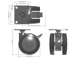(image for) Caster; Twin; Swivel; 3" (75mm); Thermoplastized Rubber (Gray); Plate; 2-3/16"x2-9/16"; holes: 1-5/8"x2"; 5/16" bolt; Black; Riveted Steel; 165#; Wheel Brake (Item #67814)