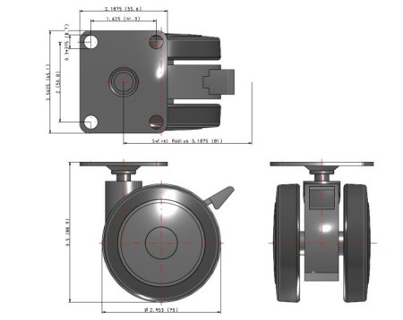 (image for) Caster; Twin; Swivel; 3" (75mm); Thermoplastized Rubber (Gray); Plate; 2-3/16"x2-9/16"; holes: 1-5/8"x2"; 5/16" bolt; Black; Riveted Steel; 165#; Wheel Brake (Item #67814)
