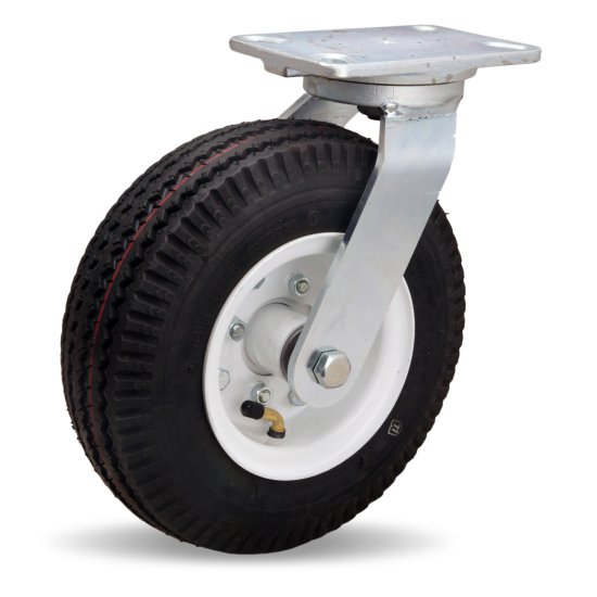 (image for) Caster; Swivel; 10\" x 3-1/2\"; Pneumatic; Plate; (4\"x4-1/2\": holes: 2-5/8\"x3-5/8\" slots to 3\"x3\"; 1/2\" bolt): Ball Brng; 450#; Position Lock; Face Cont Brake (Item #63952)