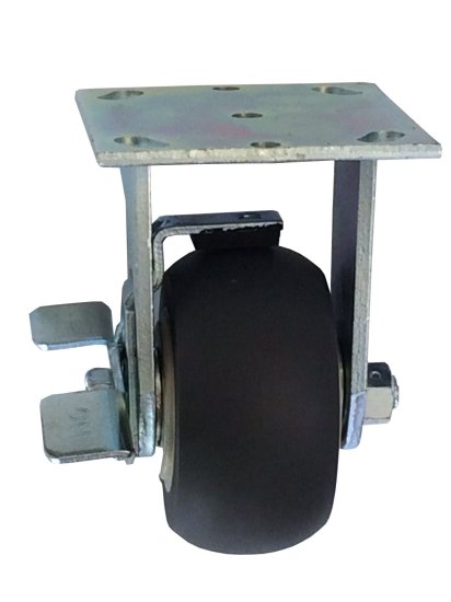 (image for) Caster; Rigid; 4\"x2\"; Thermoplastized Rubber; Plate; 4\"x4-1/2\"; holes: 2-5/8\"x3-5/8\" (slots to 3\"x3\"); 3/8\" bolt; Zinc; Roller Brng; 300#; Top lock brake (Item #69240)