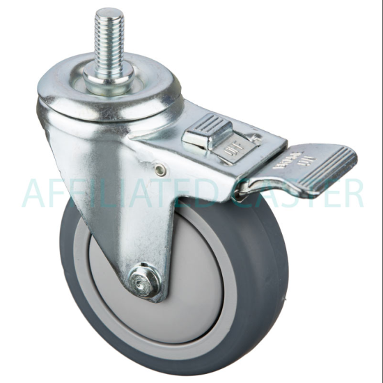 Caster; Swivel; 4\" x 1-1/4\"; PolyU on PolyO (Gray); Threaded Stem (5/8\"-11TPI x 1-3/4\"); Zinc; Prec Ball Brngs; 350#; Dust Cover (Mtl); Total Lock (Trailing) (Item #63631)