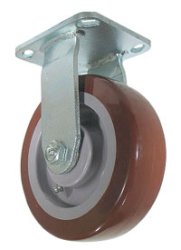 Caster; Rigid; 5" x 2"; PolyU on PolyO (Red/ Black); Plate; 4"x4-1/2"; holes: 2-5/8"x3-5/8" (slots to 3"x3"); 3/8" bolt; Zinc; Roller Brng; 750# (Item #67820)