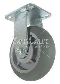 (image for) Caster; Rigid; 6" x 2"; ThermoPlastic Rubber Donut; Plate (4"x4-1/2"; holes: 2-5/8"x3-5/8" slots to 3"x3"; 3/8" bolt); Stainless Yoke and Roller Brng; 500# (Item #63492)