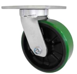 Caster; Swivel; 5" x 2"; PolyU on Cast Iron; Plate (4"x4-1/2"; holes: 2-5/8"x3-5/8" slots to 3"x3"; 3/8" bolt); Zinc; Roller Brng; 1100#; Kinginless (Item #64045)