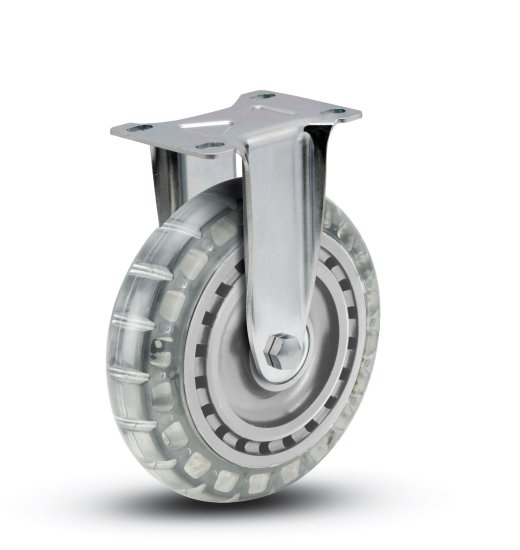 Caster; Rigid; 3\" x 13/16\"; Polyurethane (Clear); Plate (2-5/8\"x3-3/4\"; holes: 1-3/4\"x2-3/4\" slots to 3\"; 5/16\" bolt); Zinc; Plain bore; 120# (Item #64093)