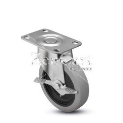 (image for) Caster; Swivel; 5" x 1"; PolyU on PolyO (Gray); Top Plate (2-5/8x3-3/4; holes: 1-3/4x2-3/4 slotted to 3; 5/16 bolt); Zinc; Plain bore; 150#; Tread brake (Item #66788)