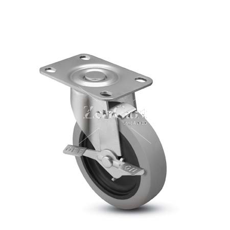 (image for) Caster; Swivel; 3-1/2x1-1/4; Gray TPR Rubber; Plate (2-3/8x3-5/8; holes: 1-3/4x2-7/8 slotted to 3; 5/16 bolt); Precision Ball Brng; 250#; Tread Brake (Item #66892)
