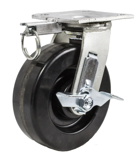 (image for) Caster; Swivel; 5\" x 2\"; Phenolic; Plate; 4\"x4-1/2\"; holes: 2-5/8\"x3-5/8\" (slots to 3\"x3\"); 3/8\" bolt; Zinc; Roller Brng; 900#; Position Lock; Top Lock brake (Item #69393)