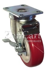 (image for) Caster; Swivel; 4" x 1-1/4"; PolyU on PolyO (Red); Plate (2-1/2"x3-5/8"; holes: 1-3/4"x2-7/8" slots to 3"; 5/16" bolt); Prec Ball Brngs; 300#; Dust Cover; Brake (Item #63233)
