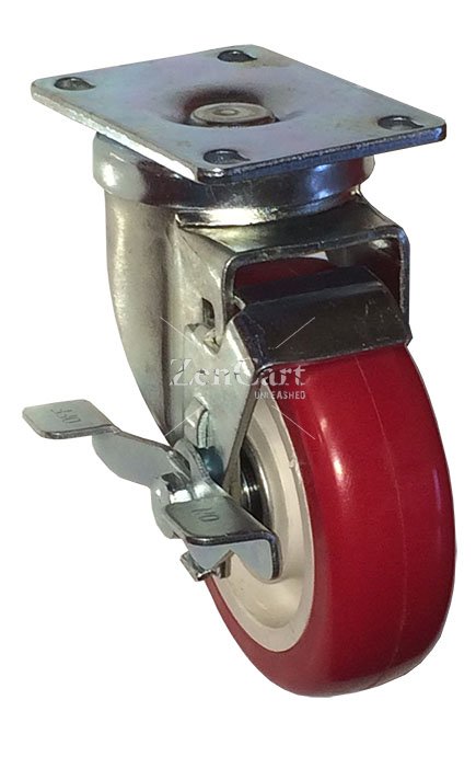 (image for) Caster; Swivel; 4" x 1-1/4"; PolyU on PolyO (Red); Plate (2-1/2"x3-5/8"; holes: 1-3/4"x2-7/8" slots to 3"; 5/16" bolt); Prec Ball Brngs; 300#; Dust Cover; Brake (Item #63233)