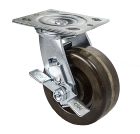 (image for) Caster; Swivel; 8" x 2"; Phenolic High Temp; Plate (4"x4-1/2"; holes: 2-5/8"x3-5/8" slots to 3"x3"; 3/8" bolt); Stainless yoke and Roller Brng; 1250#; Brake (Item #63014)