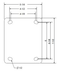 (image for) Dual Wheel Caster; Rigid; 6" x 3"; Crowned Forged; Plate (6-1/4"x7-1/2": holes: 4-1/8"x6" slots to 4-1/2"x6-1/8"; 1/2" bolt); Tapered Brng; 20000# (Item #63115)