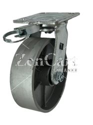 (image for) Caster; Swiv; 8 x 2-1/2; Cast Iron; Plate; 4-1/2x6-1/4; holes: 2-7/16x4-15/16 (slotted to 3-3/8x5-1/4); 1/2 bolt; Roller Brng; Wgt Cap: 1800#; Position Lock (Item #65904)