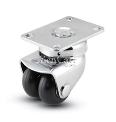 (image for) Caster; Dual Wheel; Swivel; 2"x1"; Rubber (Soft Donut); Plate (2-1/2x3-5/8: holes: 1-3/4x2-3/4 (slots to 3); 5/16 bolt); Bright Chrome; Prec BB; Thrd Grds; 300# (Item #67200)