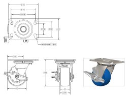 (image for) Caster; Swivel; 4" x 2"; Polyurethane; Plate (4-1/2"x6-1/4"; holes: 2-7/16"x4-15/16" slotted to 3-3/8"x5-1/4"; 1/2" bolt); Zinc; Roller Brng; 800#; Wheel Brk (Item #63448)