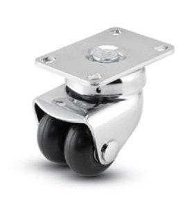 (image for) Caster; Dual Wheel; Swivel; 2"x1"; Rubber (Soft Donut); Plate (2-1/2x3-5/8: holes: 1-3/4x2-3/4 (slots to 3); 5/16 bolt); Bright Chrome; Prec BB; Thrd Grds; 300# (Item #67200)