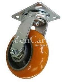 (image for) Caster; Swivel; 8" x 2"; Ergonomic Crowned PolyU on Alum; Plate (4"x4-1/2"; holes: 2-5/8"x3-5/8" slotted to 3"x3"; 3/8" bolt); Zinc; Precision Ball Brng; 1200# (Item #65358)
