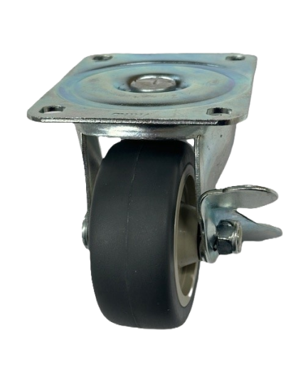 Caster; Swivel; 3\" x 1-1/4\"; PolyU on PolyO (Gray); Plate (3-1/8\"x4-1/8\"; holes: 2-3/8\"x3-3/8\";1/4\" bolt); Zinc; Plain bore; 210#; Side friction brake (Item #62980)