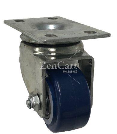 (image for) Caster; Swivel; 3" x 1-1/4"; PolyU on PolyO (Blue); Top Plate (3-1/8"x4-1/8"; holes: 2-3/8"x3-3/8";1/4" bolt); Zinc; Ball Brng; 210# (Item #64631)