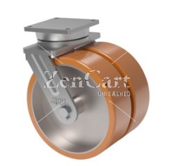 (image for) Caster; Swivel; 12" Dual 5" wheels; 95A PolyU on Steel; Plate (8-1/2"x8-1/2"; holes: 7"x7"; 5/8" bolt); Tapered Brng; 13000#; Brake; Swivel Lock; Kingpinless (Item #63544)