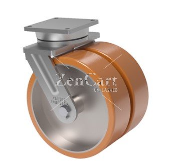 (image for) Caster; Swivel; 12" Dual 5" wheels; 95A PolyU on Steel; Plate (8-1/2"x8-1/2"; holes: 7"x7"; 5/8" bolt); Tapered Brng; 13000#; Brake; Swivel Lock; Kingpinless (Item #63544)