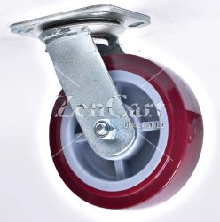 (image for) Caster; Swivel; 5" x 2"; Red PolyU on PolyO; Plate (4"x4-1/2"; holes: 2-5/8"x3-5/8" slots to 3"x3"; 3/8" bolt); Stainless; Delrin Bushing; 750# (Item #66253)