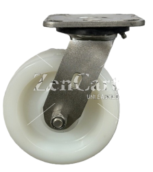 (image for) Caster; Swivel; 5" x 1-1/4"; Nylon; Plate; 2-3/8"x3-5/8": holes: 1-3/4"x2-7/8" (slots to 3"); 3/8" bolt; Stainless; 350#; Dust Cover; Raceway Zerk; Total Lock (Item #62889)