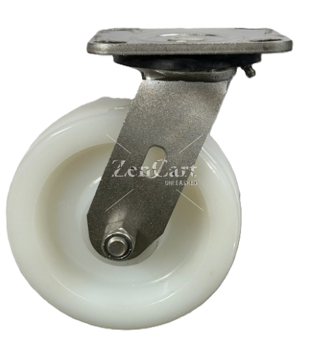 (image for) Caster; Swivel; 6" x 2"; Nylon; Plate (4"x4-1/2"; holes: 2-5/8"x3-5/8" slots to 3"x3"; 3/8" bolt); Stainless Yoke and Roller Brng; 1100# (Item #62905)