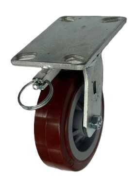 (image for) Caster; Swivel; 10" x 2-1/2"; Red PolyU on PolyO; Plate (4-1/2"x6-1/4"; holes: 2-7/16"x4-15/16" slotted to 3-3/8"x5-1/4"); Roller Brg; 1800#; 4 Position Lock (Item #65371)