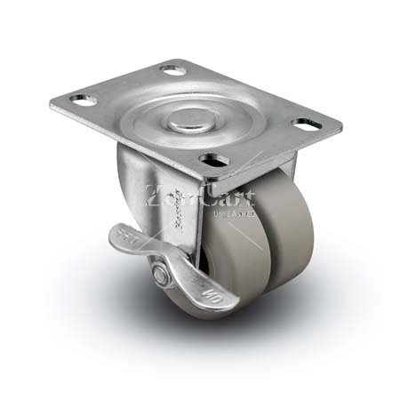 (image for) Caster; Dual Wheel; Swivel; 2"x7/8" (x2); Thermoplastized Rubber; Plate (2-5/8"x3-3/4"; holes: 1-3/4"x2-3/4" slots to 3"; 5/16" bolt); Plain bore; 180#; Brake (Item #67274)