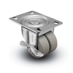 (image for) Caster; Dual Wheel; Swivel; 2"x7/8" (x2); Thermoplastized Rubber; Plate (2-5/8"x3-3/4"; holes: 1-3/4"x2-3/4" slots to 3"; 5/16" bolt); Plain bore; 180#; Brake (Item #67274)