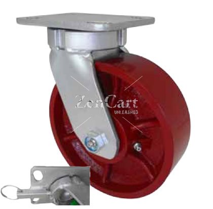 (image for) Caster; Swivel; 8"x3"; Steel (Ductile); Plate (4-1/2x6-1/4; holes: 2-7/16x4-15/16 slotted to 3-3/8x5-1/4); Roller Brng; 5400#; Kingpinless; Position Lock (Item #65070)