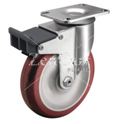 (image for) Caster; Swivel; 4" x 1-1/4"; PolyU on PolyO (Red); Plate (2-1/2"x3-5/8": holes: 1-3/4"x2-13/16" (slot to 3-1/16"); 5/16" bolt); Ball Brng; 275#; Total Lock Brk (Item #63776)