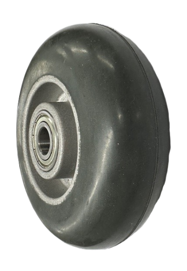 (image for) Caster; Swivel; 8"x2"; Balloon Rubber (Gr) on Alum; Plate (4"x4-1/2"; holes: 2-5/8"x3-5/8" slot to 3"x3"; 3/8" bolt); Zinc; Ball Brng; 500#; Brake (Item #67430)