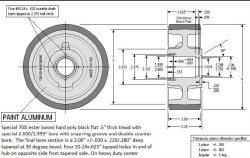Wheel; 8" x 3"; PolyU on HD Cast Iron (1/2"; 70D; black tread); 2" Stepped Bore; Snap Ring groove; dbl counter bore 3-1/4" Hub Length; 3200#; Made in USA (Item #87606)