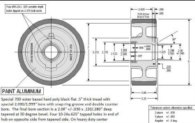 (image for) Wheel; 8" x 3"; PolyU on HD Cast Iron (1/2"; 70D; black tread); 2" Stepped Bore; Snap Ring groove; dbl counter bore 3-1/4" Hub Length; 3200#; Made in USA (Item #87606)