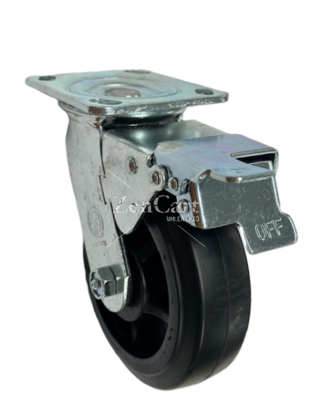 (image for) Caster; Swivel; 5" x 2"; Rubber on Nylon; Plate (4"x4-1/2"; holes: 2-5/8"x3-5/8" slotted to 3"x3"; 3/8" bolt); Zinc; Roller Brng; 450#; Total Lock (Trailing) (Item #64604)