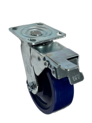 Caster; Swivel; 6" x 2"; Solid Polyurethane; Plate (4"x4-1/2"; holes: 2-5/8"x3-5/8" slots to 3"x3"; 3/8" bolt); Zinc; Roller Brng; 1000#; Total Lock (Trailing) (Item #64004)