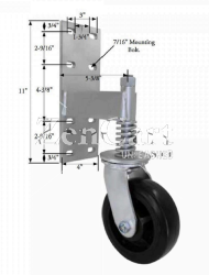 (image for) Spring Loaded Gate Swivel Caster; 6" x 2"; Rubber on Cast Iron; Bracket (11"x4"; 8 holes 1-3/4" (slotted to 3") x 9-1/2"; 7/16" bolt); Zinc; Roller Brng; 500# (Item #62937)